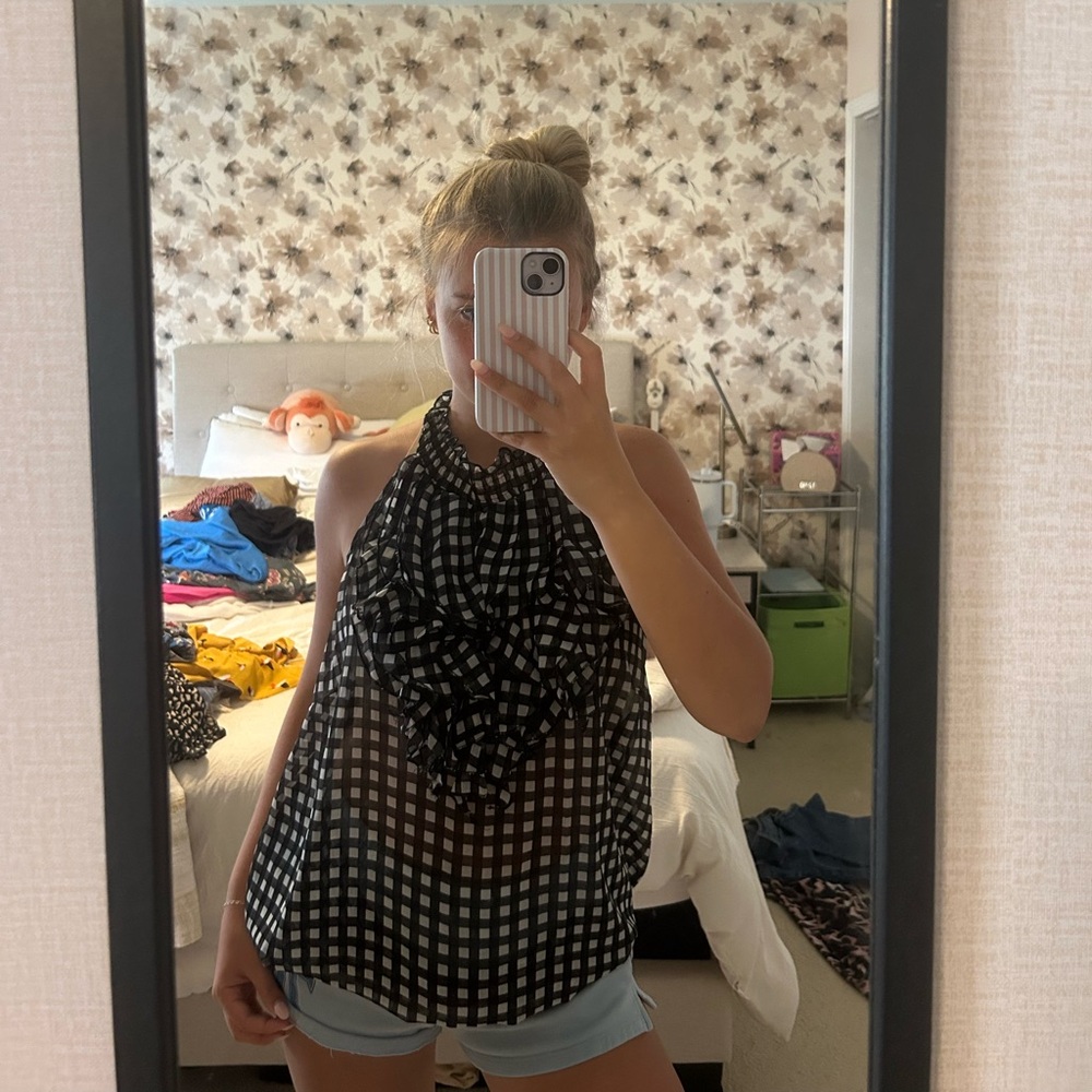 Black White Check Halter Ruffle Camisole
